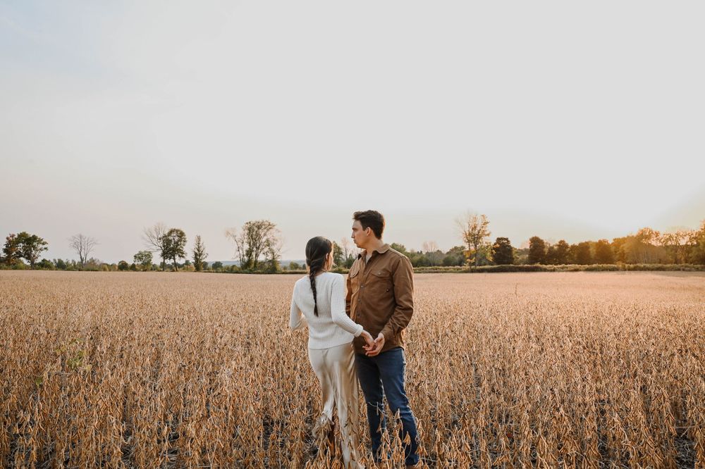 A couple stands together in a golden wheat field during sunset with trees visible in the background.