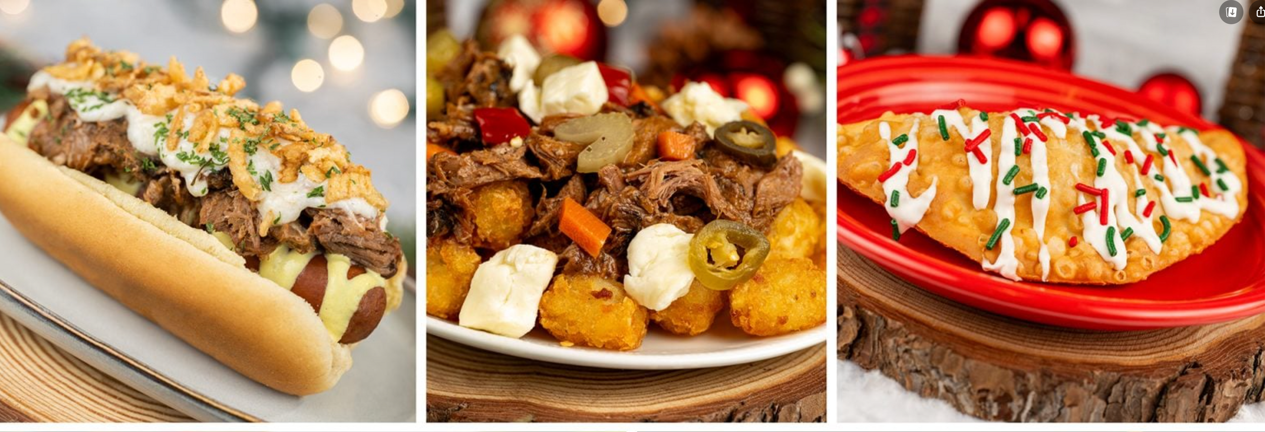 A trio of gourmet dishes featuring a loaded hot dog, roasted vegetables, and a festive holiday dessert with candy canes.