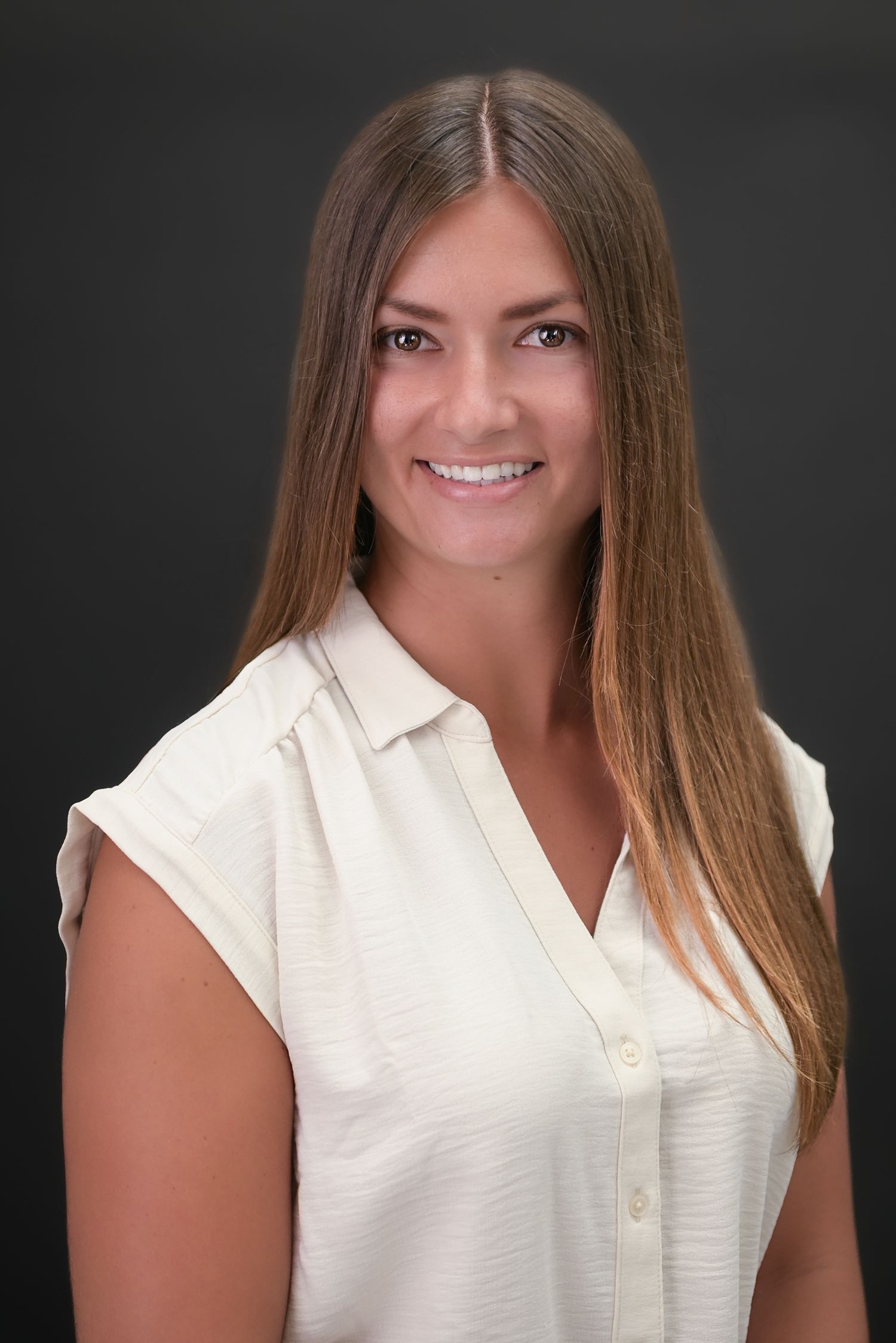 A series of professional headshots showing someone in a white sleeveless top against a dark background.