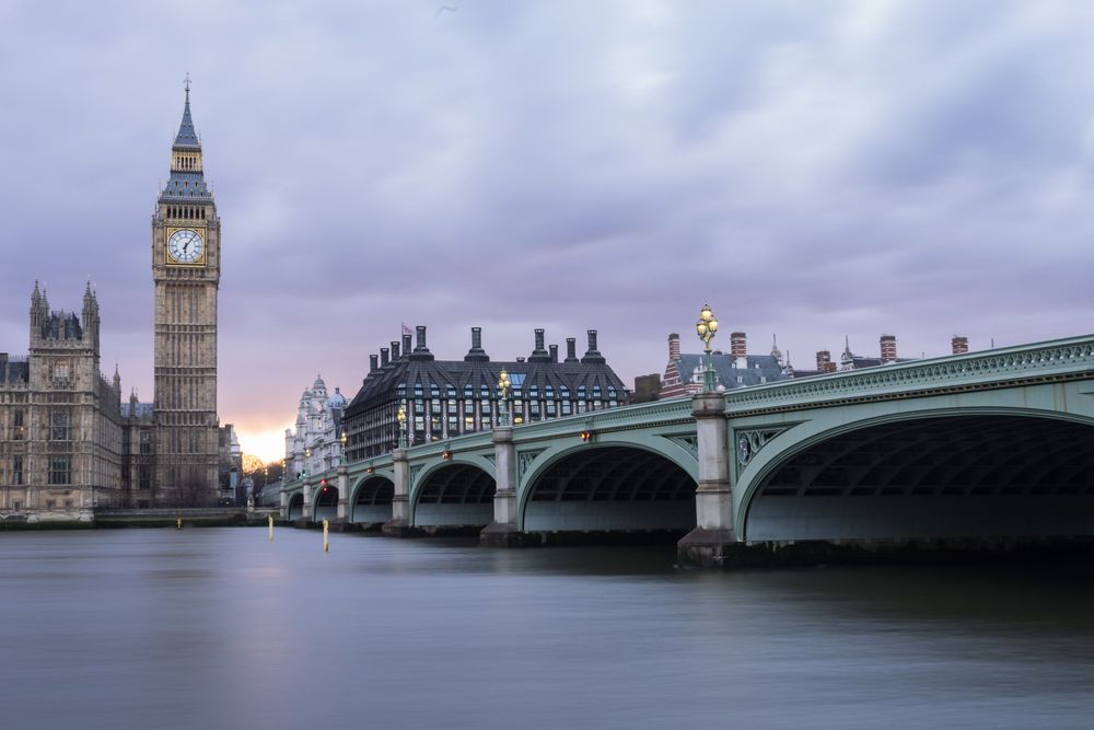 A panoramic view of the London skyline featuring Big Ben and Westminster Bridge under moody cloudy skies at dusk.