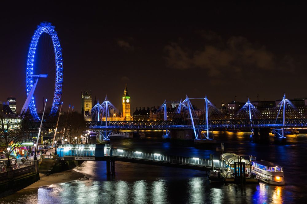 London Eye and Houses of Parliament illuminate the River Thames at night with stunning blue lighting reflections.
