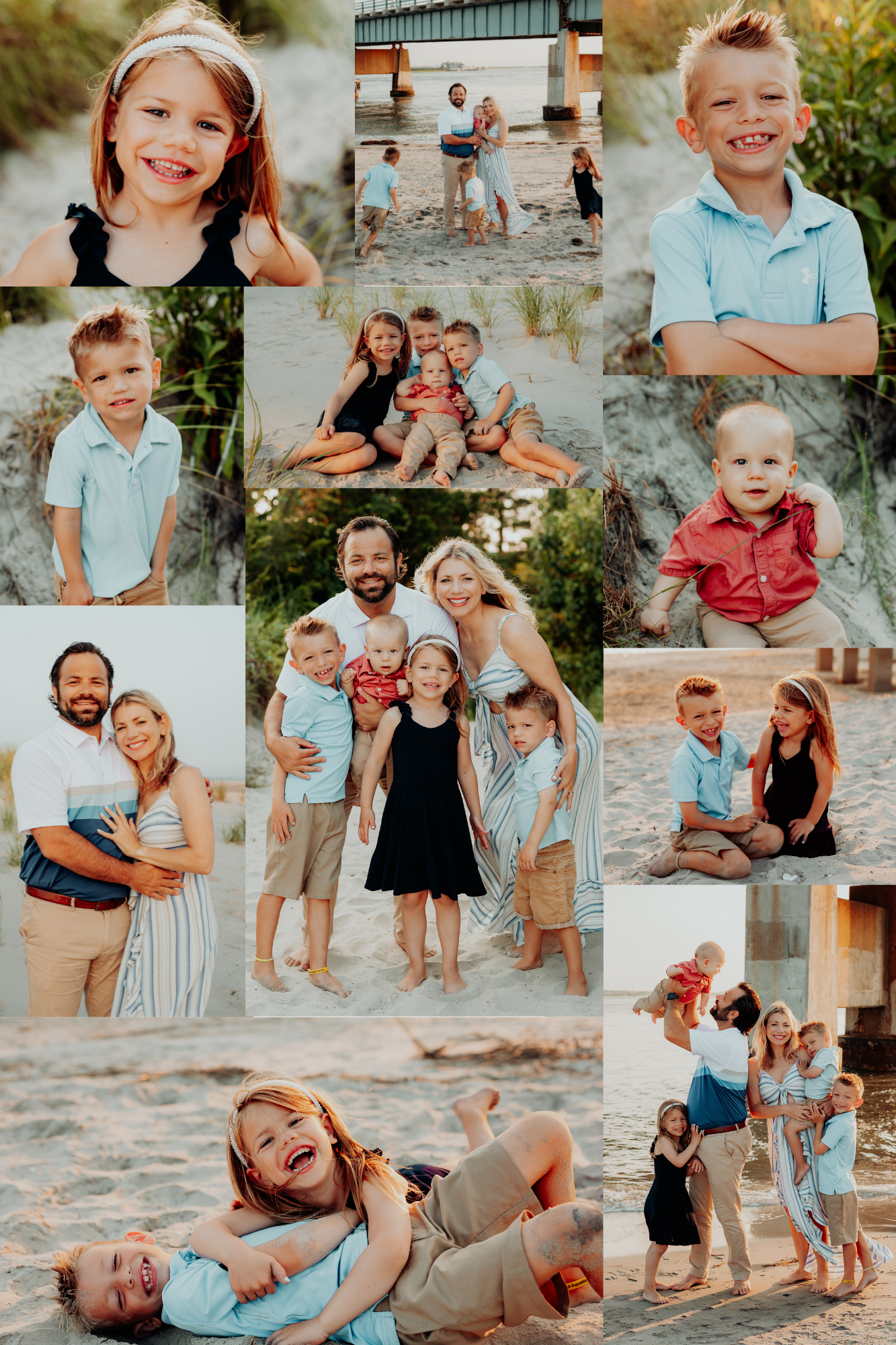 A collection of candid beach family photos with people playing and posing in casual summer attire on sandy shores.