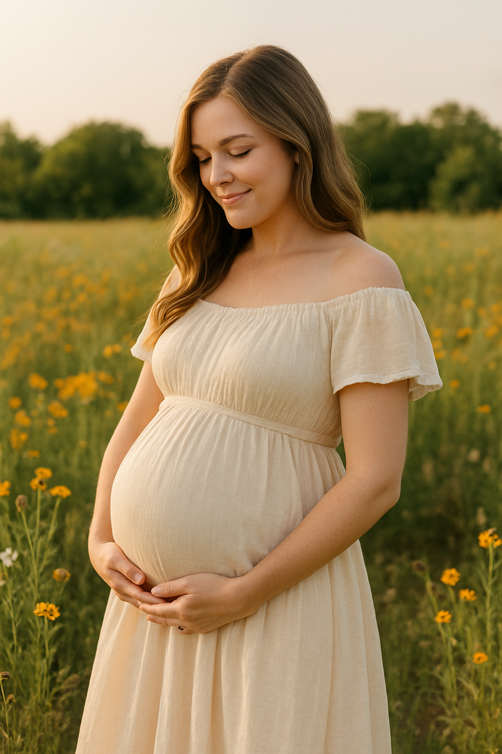 An Austin woman in a cream-colored dress stands in a golden wildflower field during sunset, smiling at her pregnant belly.