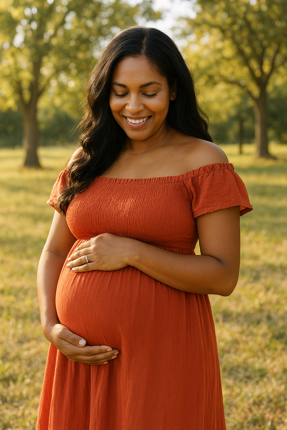 A pregnant Austin woman in a rust-colored off-shoulder dress smiles while cradling her belly in a sunlit park setting.