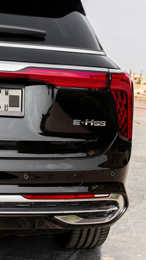 Rear view of a black luxury car showing LED taillights and chrome trim details.