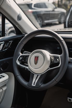 Luxury car steering wheel with chrome accents and digital instrument cluster display.