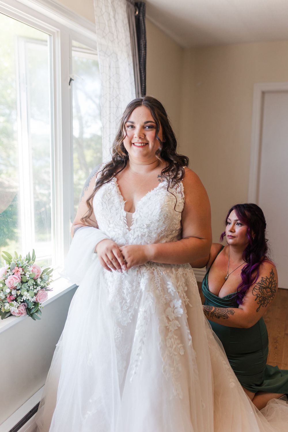 A bridal preparation series showing the final touches of getting ready with a beautiful white lace wedding gown.