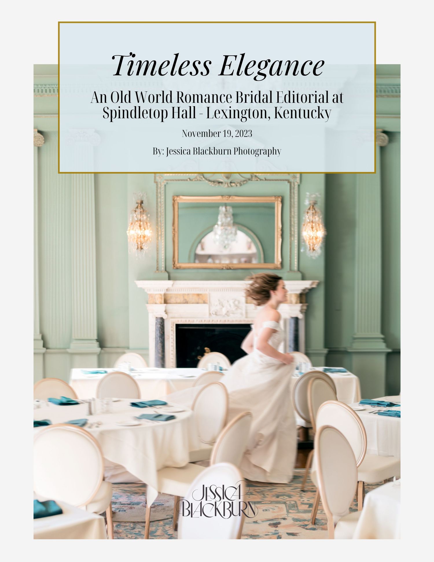 Romantic wedding editorial shoot in a historic mansion featuring elegant mint green walls and white chairs.