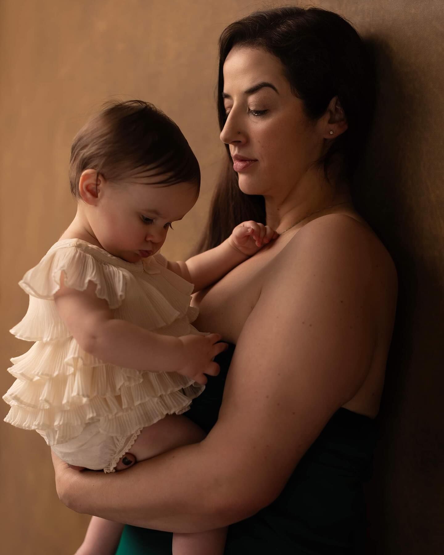 A tender portrait series showing intimate moments between a parent and young child in elegant cream-colored clothing.
