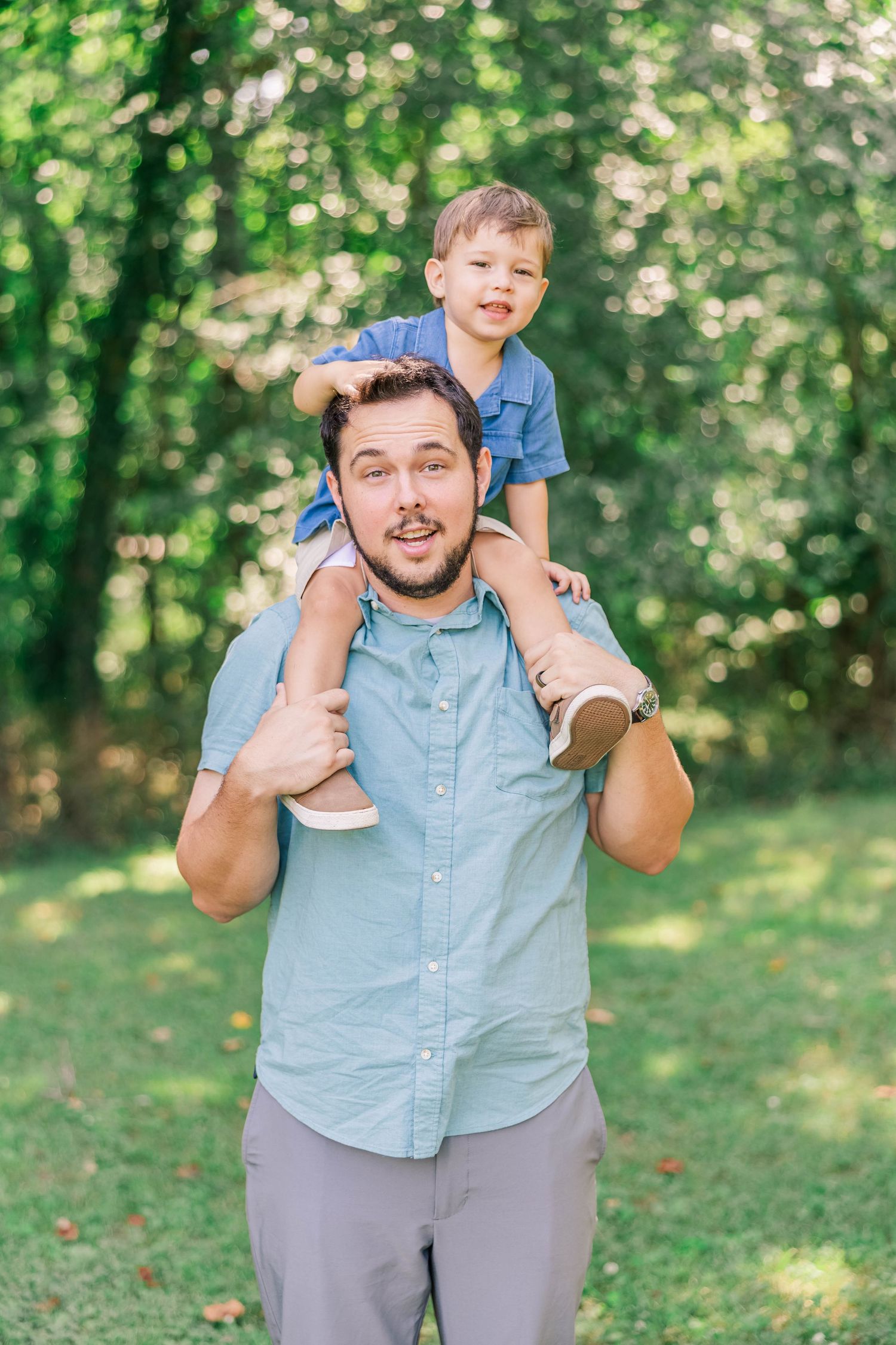 A playful outdoor photo sequence shows loving interactions in a sunny garden setting with light blue shirt and casual poses.