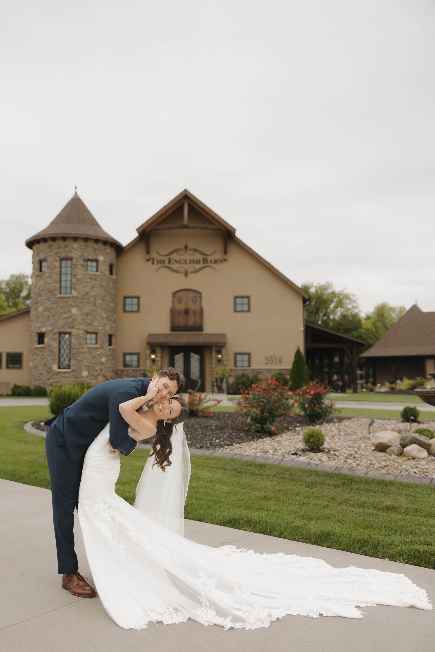 A romantic wedding photo sequence showing a couple's intimate moments outside a stone and stucco venue.