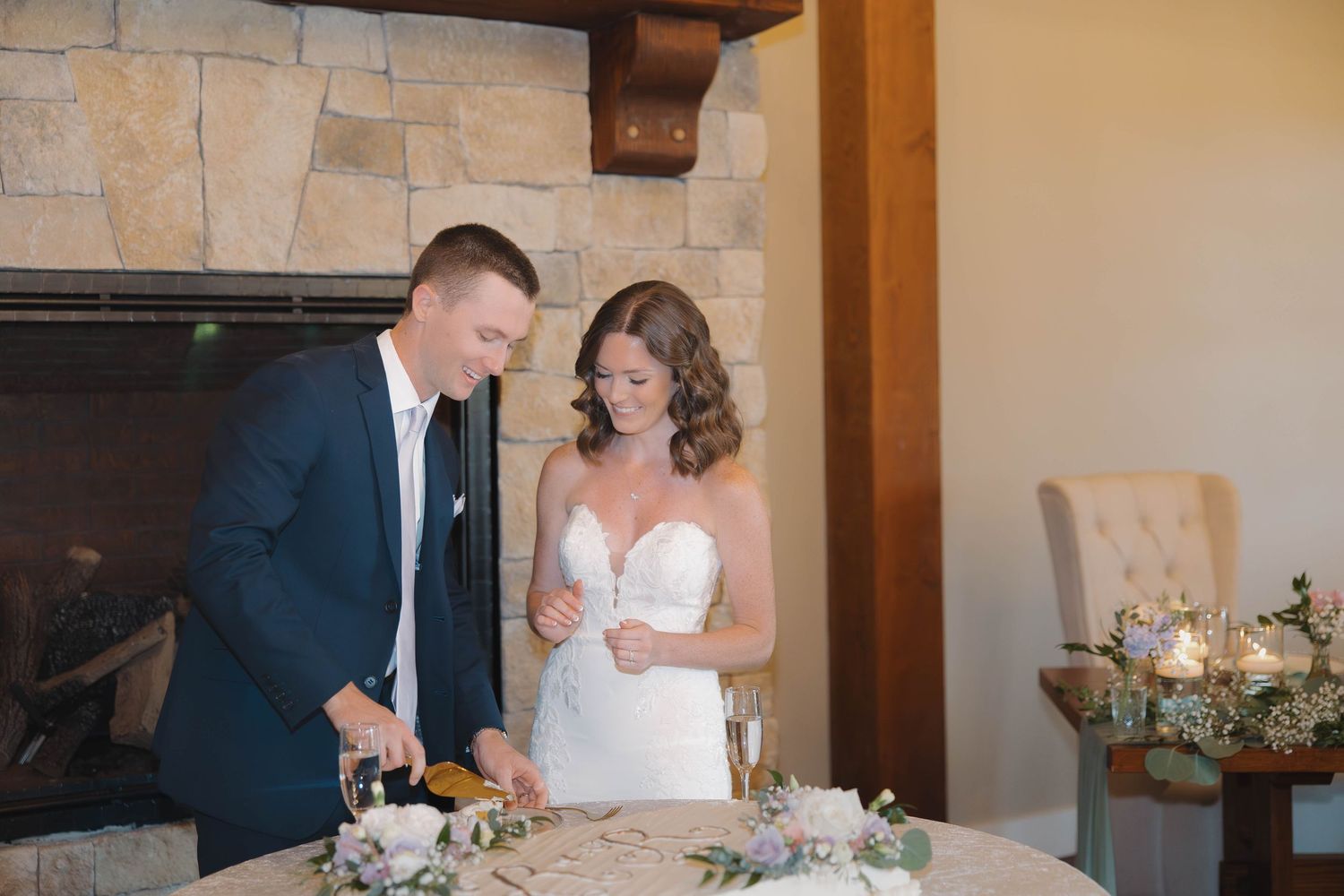 Wedding reception scenes showing couple sharing intimate dining moments at a rustic stone venue.