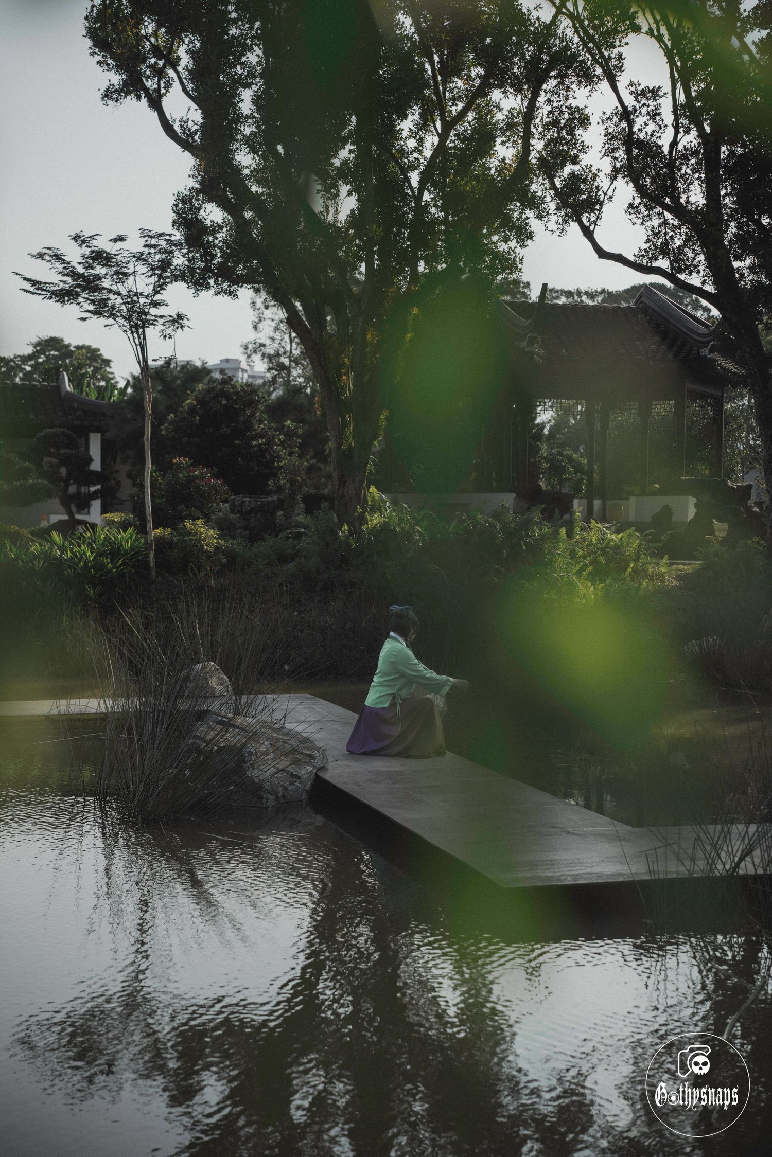 Multiple views of a serene pond surrounded by lush greenery with blurred vegetation in the foreground.