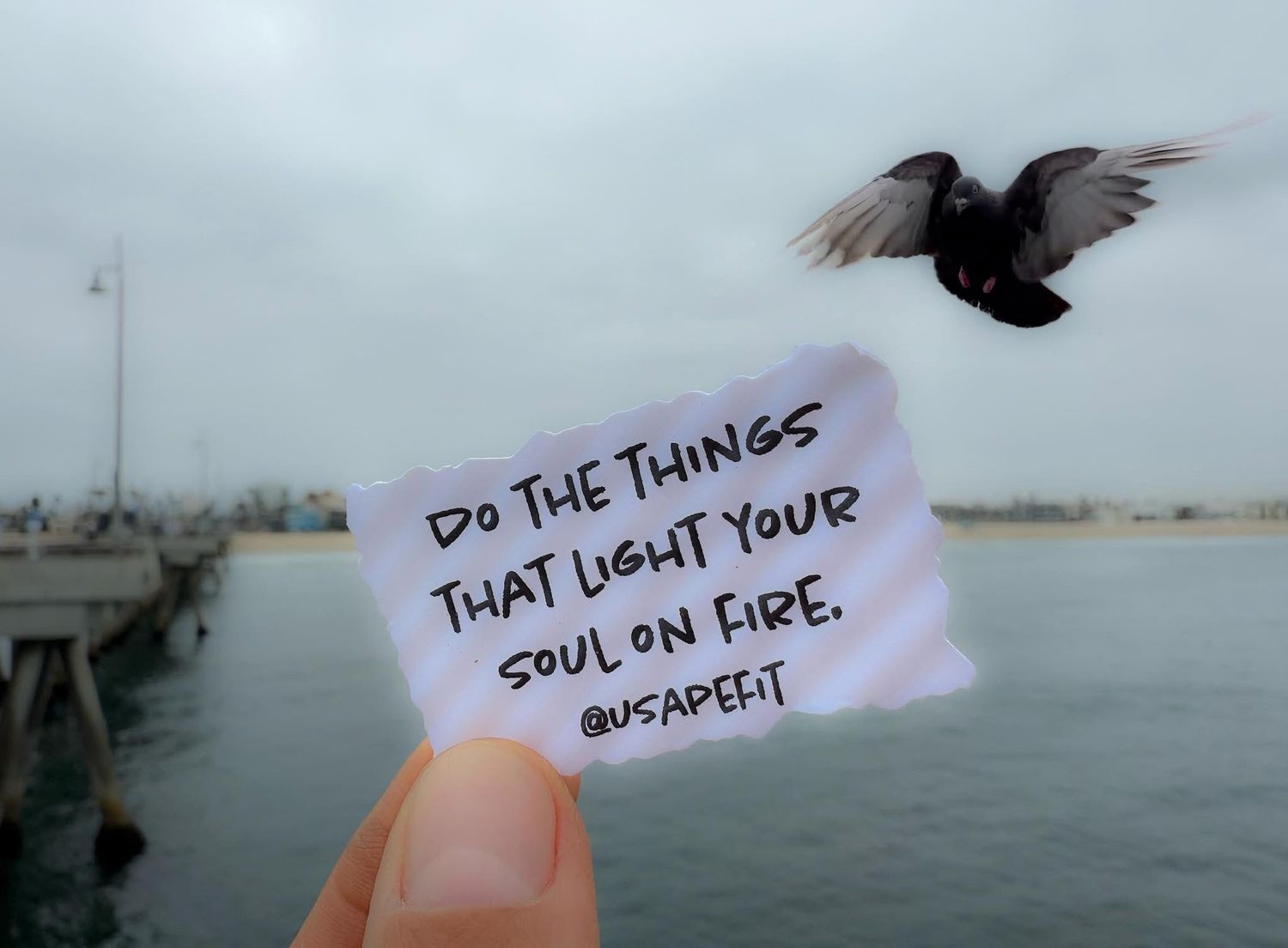 A crow flies near a hand holding a note with inspirational text against a cloudy waterfront background.