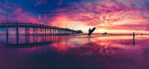 Panoramic sequence of a vibrant purple and pink sunset over a beach pier with silhouetted figures.