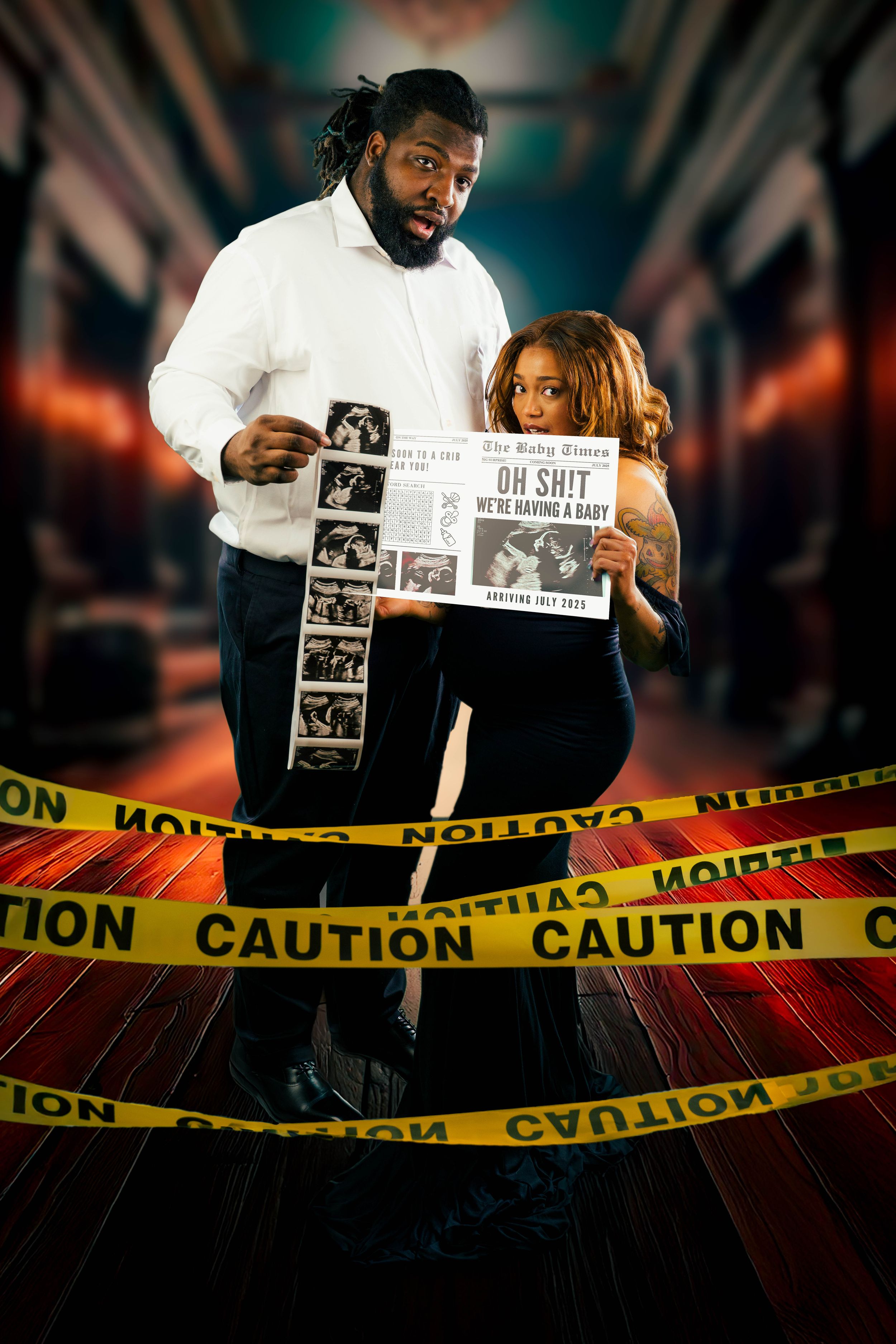 A couple holding ultrasound photos behind yellow caution tape for a creative pregnancy announcement photo shoot.