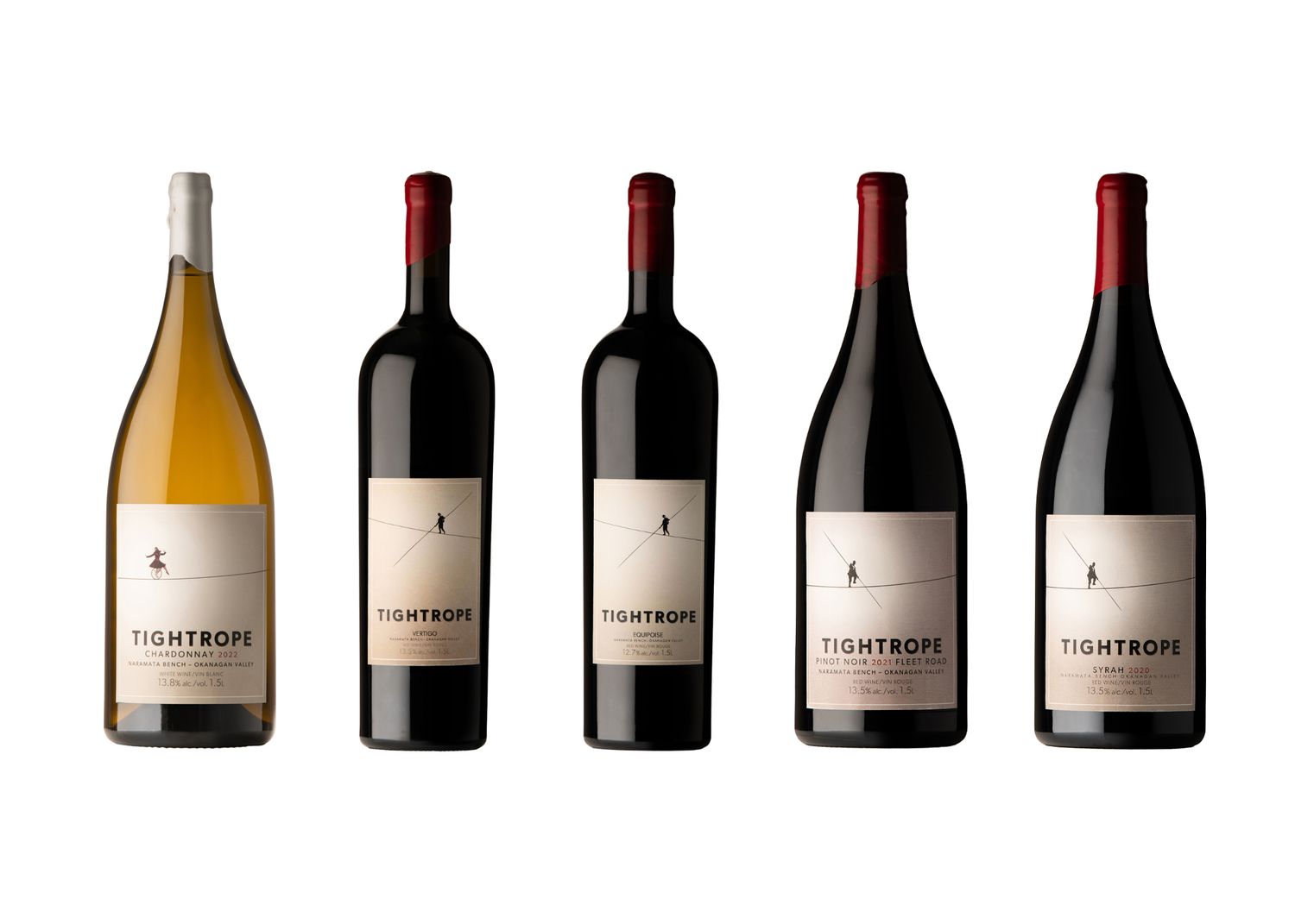 Line-up of five Tightrope Winery magnum wine bottles - studio product photography by Okanagan photographer Tania Veitch.