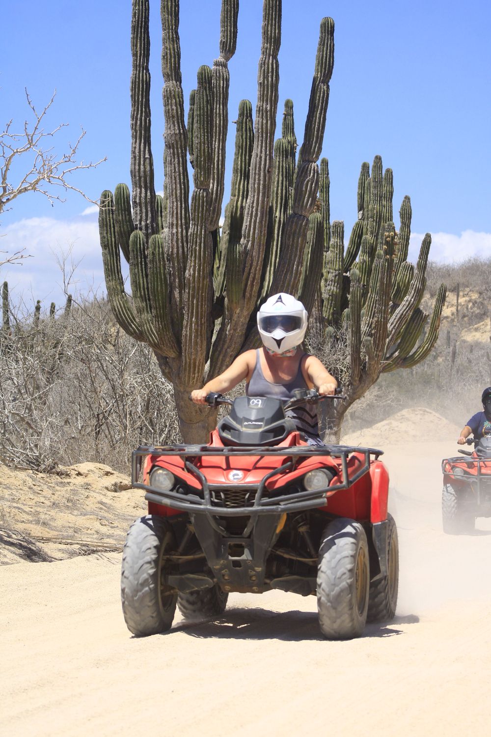 ATV rider navigating through desert terrain with tall saguaro cacti in the background.