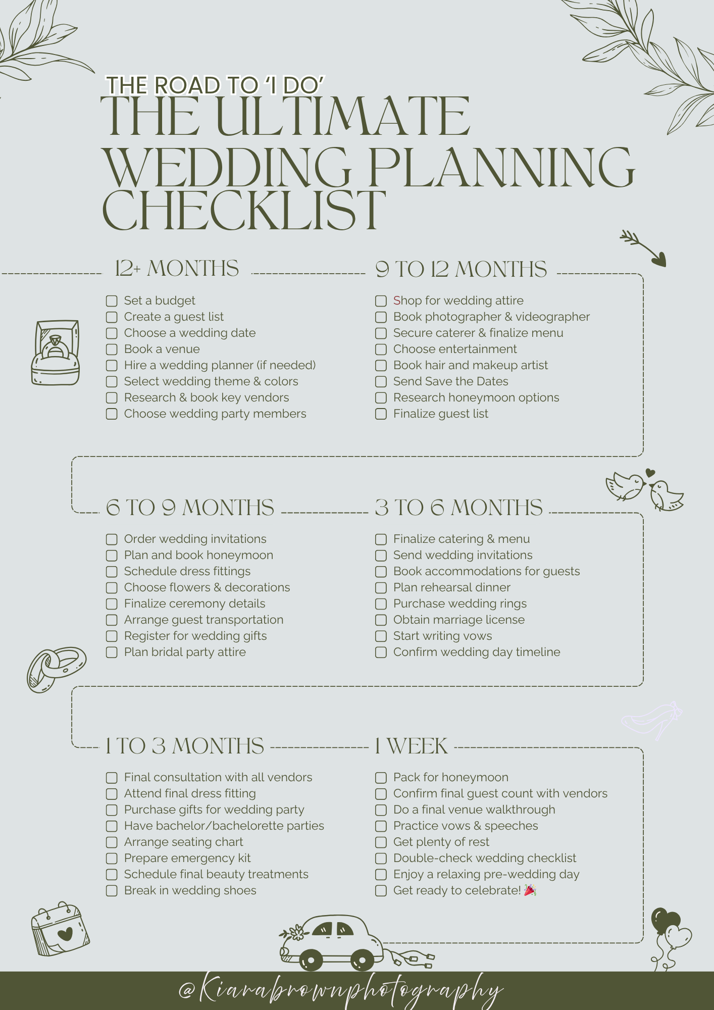 Ultimate wedding planning checklist infographic showing timeline from 12 months to 1 week with detailed task breakdowns.