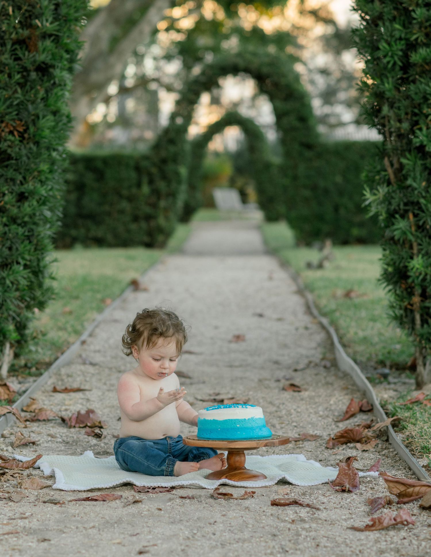 A small child sits on a garden path beneath arching greenery while enjoying a blue birthday cake on a stand.