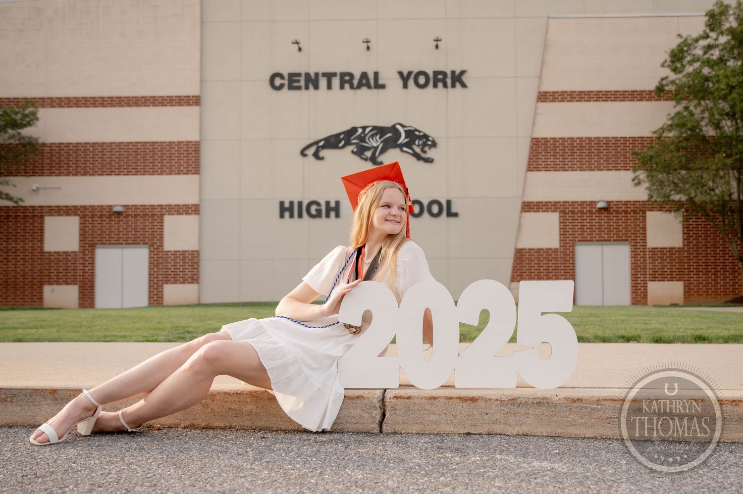 Five linked artistic senior photos of a dancer in ballet pointe shoes posing outside a high school building.