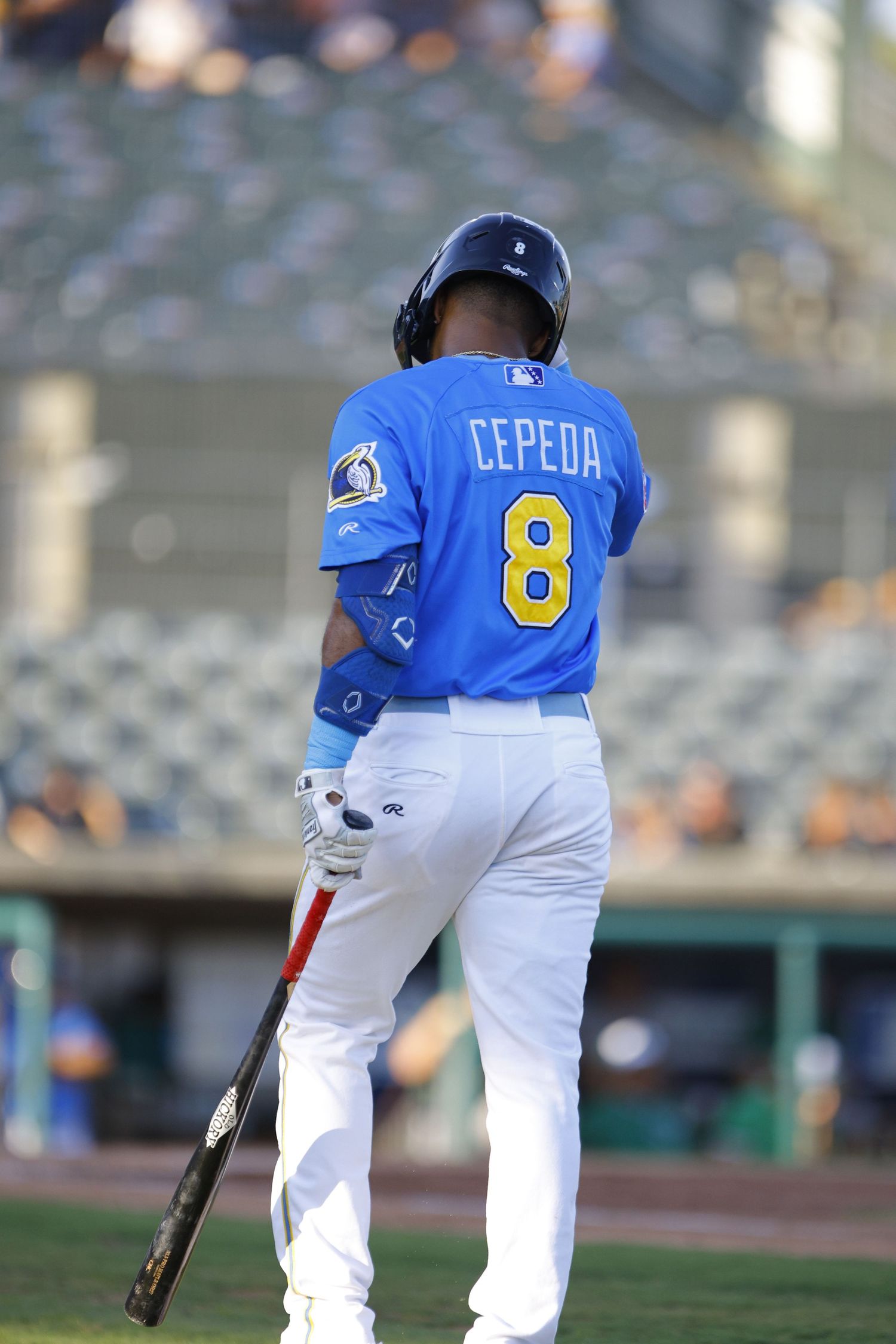 Baseball pitcher in blue uniform follows through on delivery motion during game at outdoor stadium.