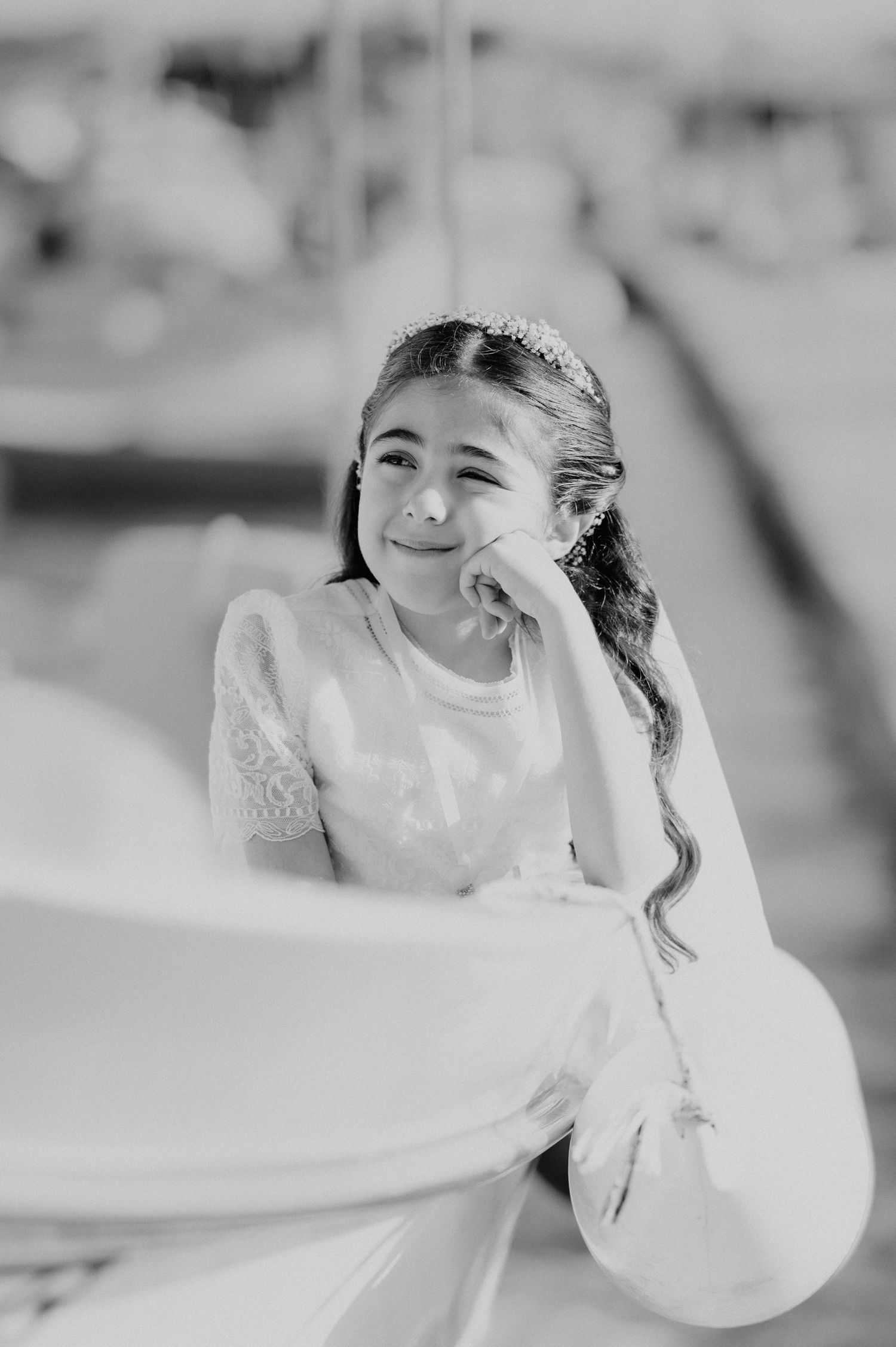 A sequence of joyful expressions showing a bride in a white dress with flowing veil.