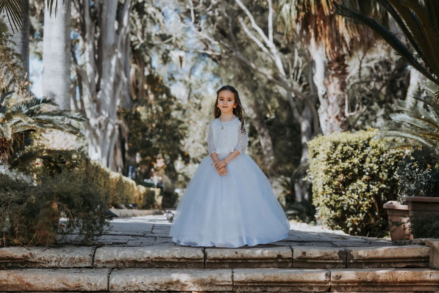 Ethereal outdoor photoshoot featuring a white dress against a backdrop of towering eucalyptus trees.