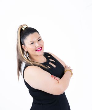 Four poses of a woman in a black dress making playful gestures against a white background.