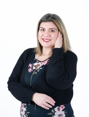 Professional business portrait series showing a person in a black blazer and floral dress posing against white background.
