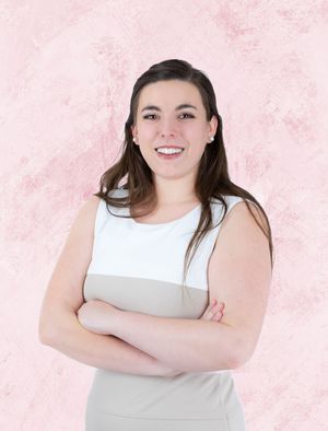 A series of professional headshots against a pink background showing confident poses with crossed arms.