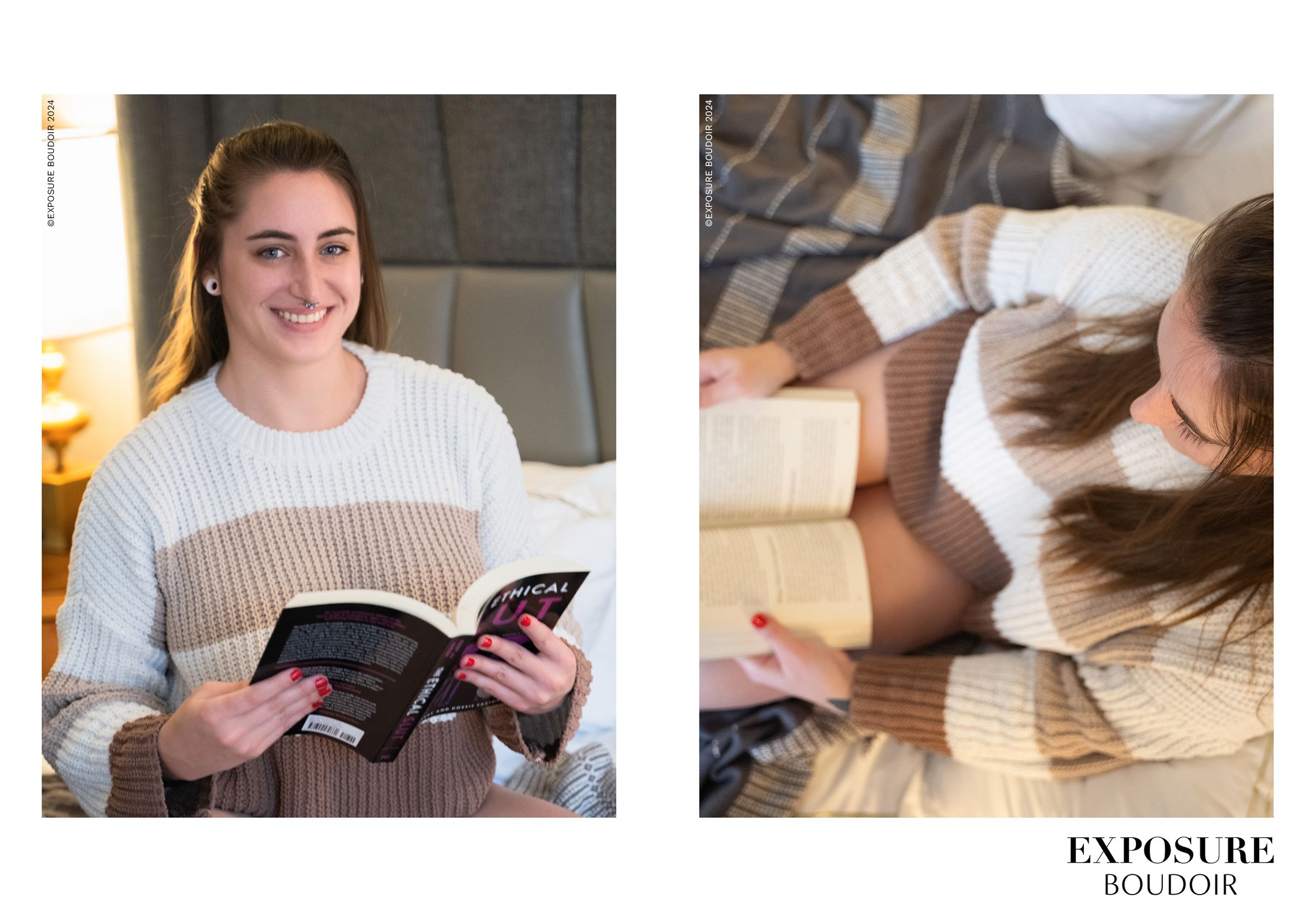 Two side-by-side photos show someone reading: one sitting upright with a book and one relaxing on floor with pillows.