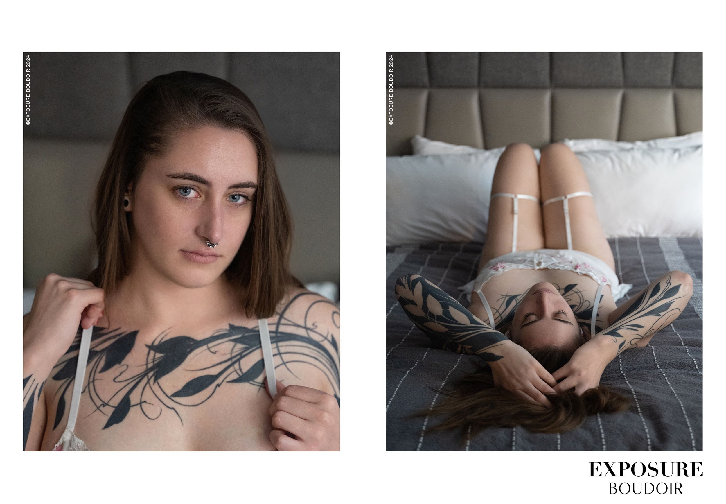 Two moody boudoir portraits of a person in muted tones showing artistic poses on bed and against wall.