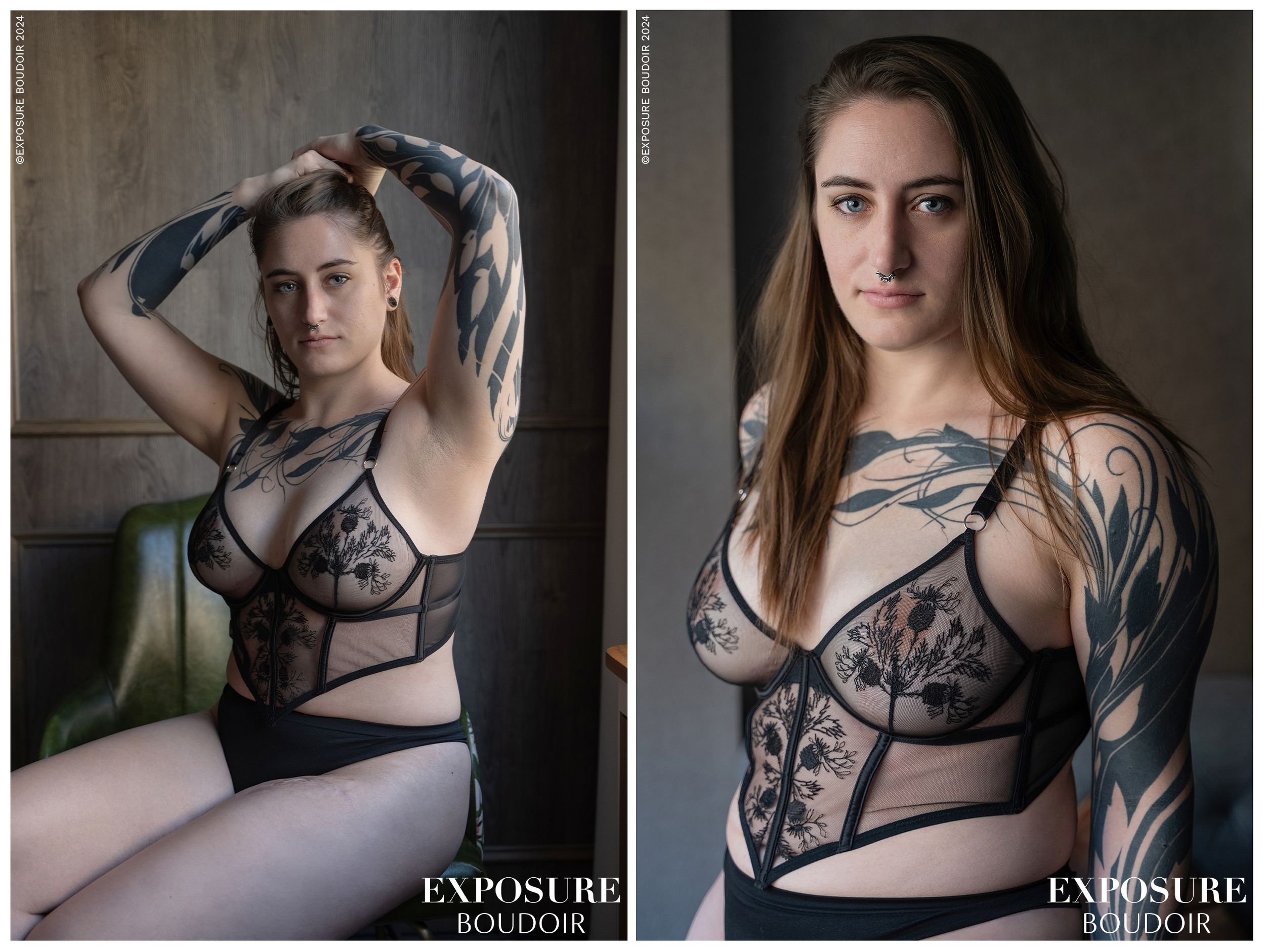 Two artistic boudoir photos featuring sheer black lace lingerie and elegant poses against a dark neutral background.