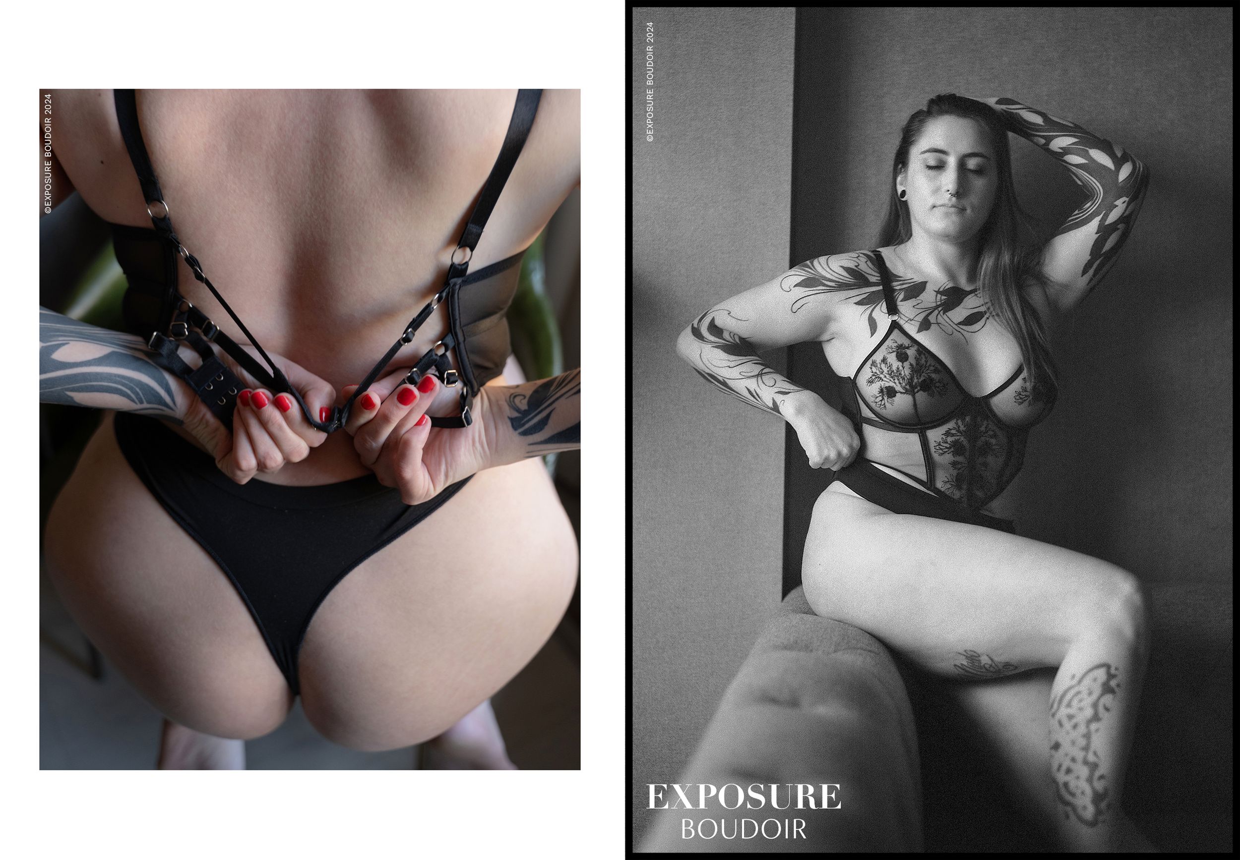 Black and white artistic boudoir photography showcasing intimate feminine poses with dramatic lighting and shadows.