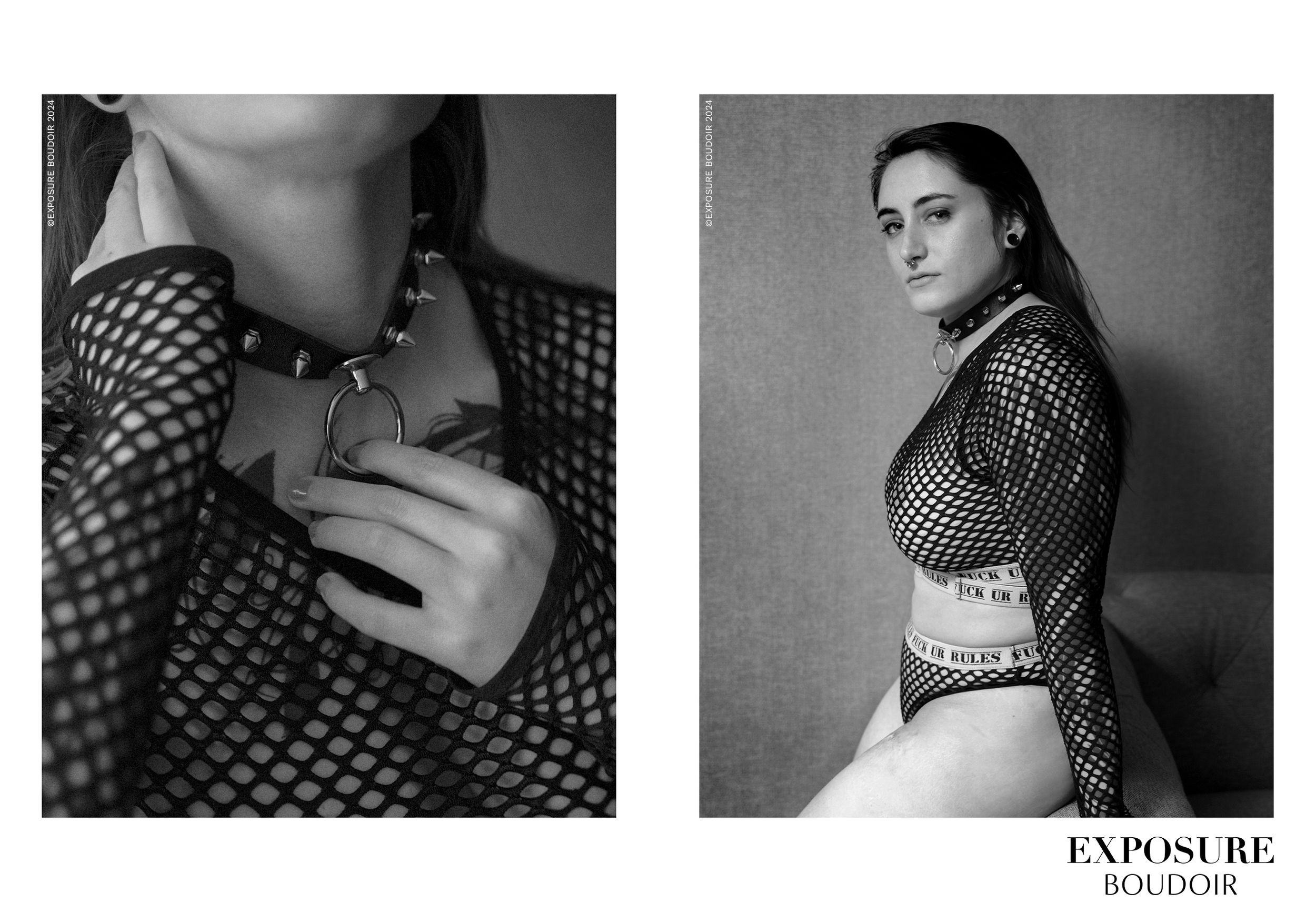 Black and white fashion photos showing a model wearing a fishnet pattern dress with a close-up detail shot and full body pose.