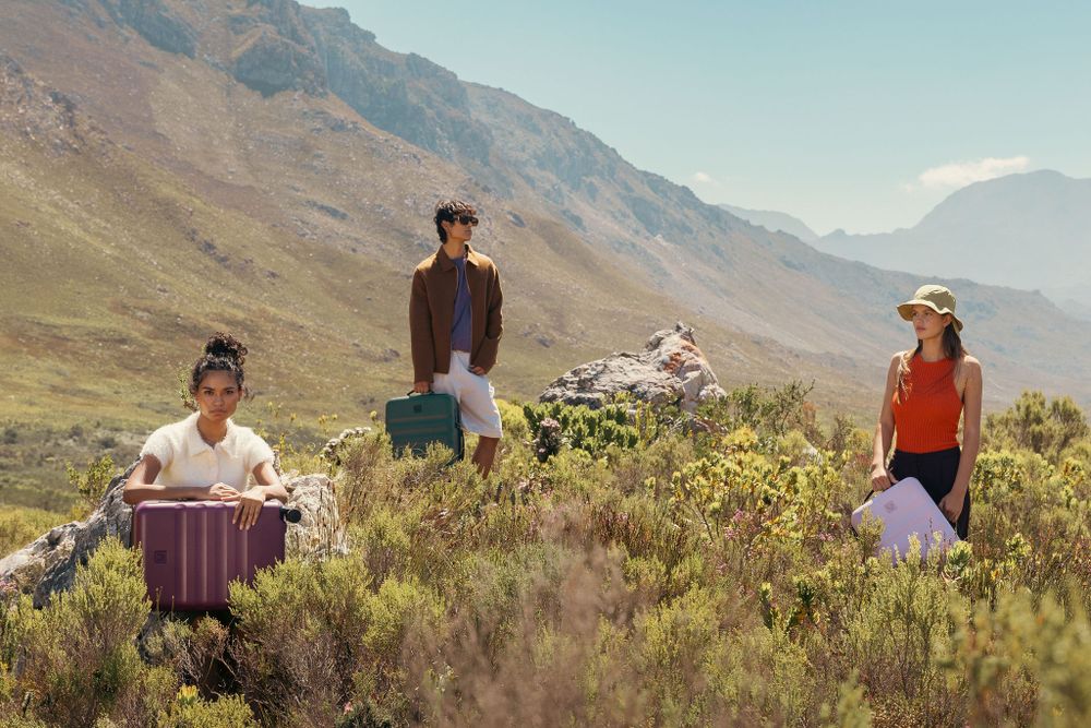 Group posing with colorful luggage in mountainous wildflower field.