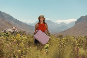Person in red top holding pink luggage in mountain valley with wildflowers.
