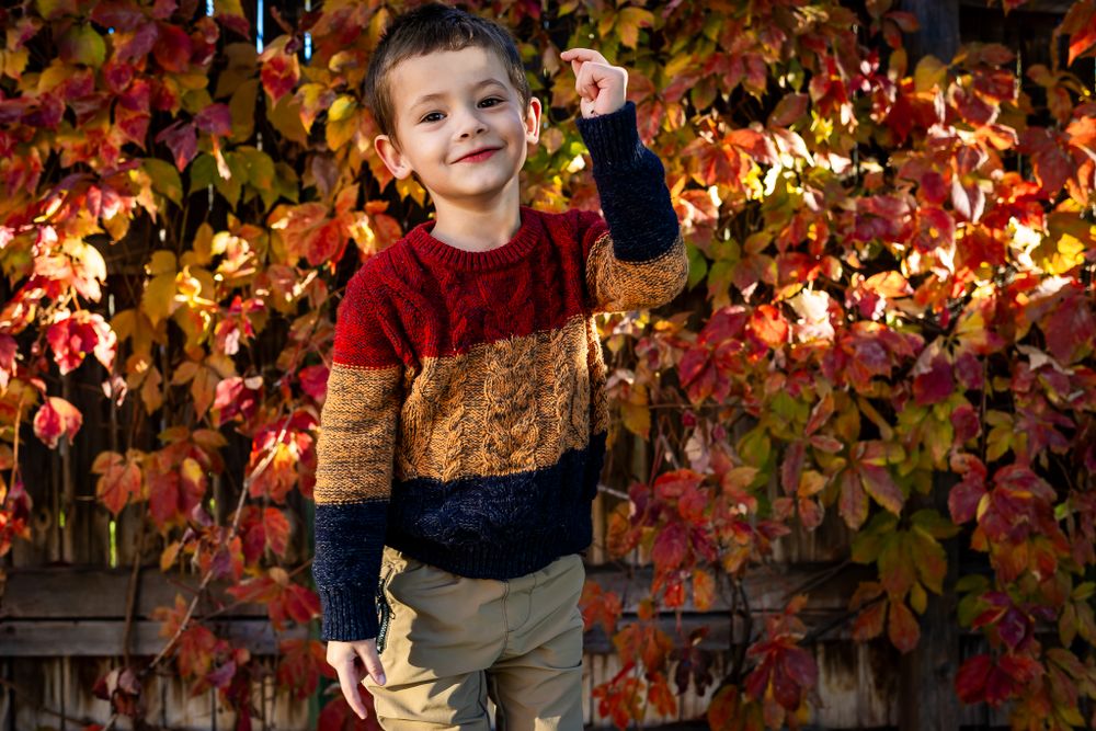 Young child in colorful sweater standing against vibrant autumn foliage backdrop.