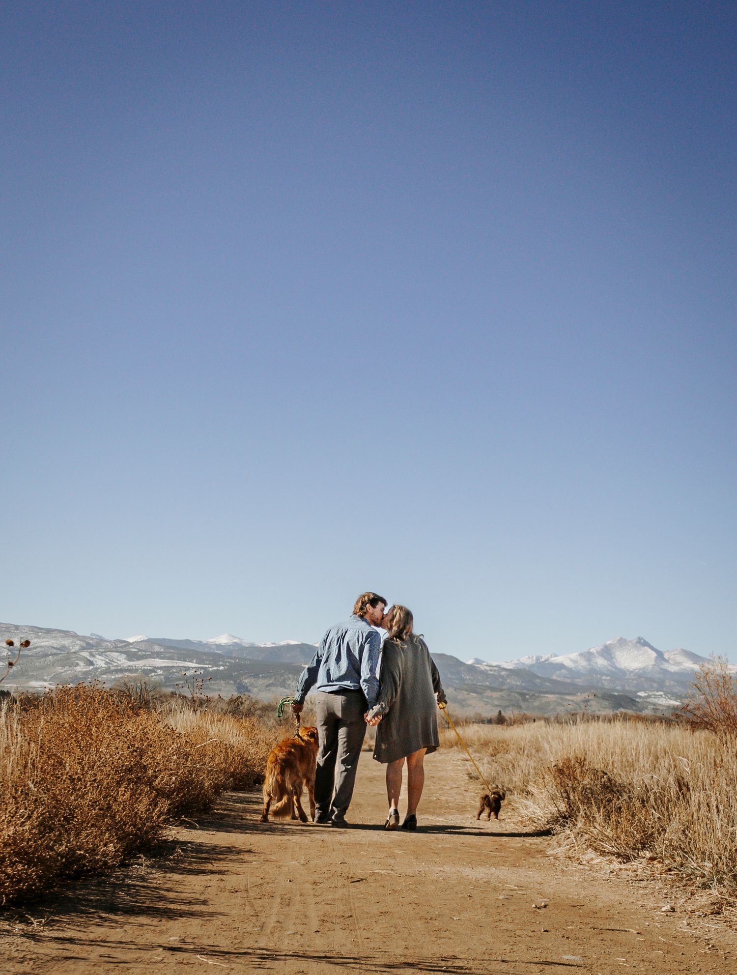 Couple walking their dogs on dirt trail through golden grass with snow-capped mountains in background under clear blue sky.