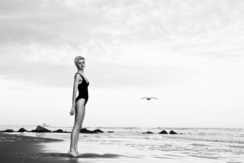 Silhouette stands on beach with seabird flying overhead in monochrome composition.