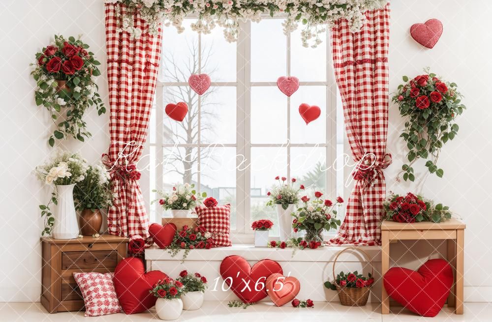 Cozy Valentine's Day interior decor with red gingham curtains, heart decorations, and floral arrangements in rustic boxes.
