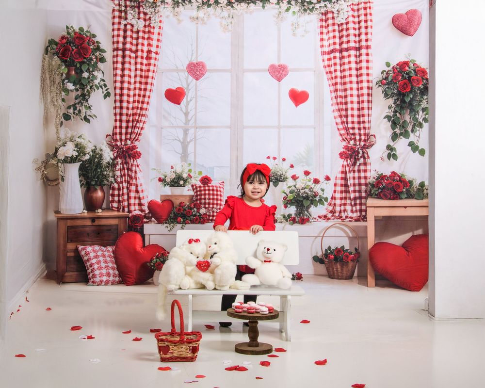 Valentine's Day themed room with red gingham curtains, plush toys, heart decorations and white furniture in cozy setting.