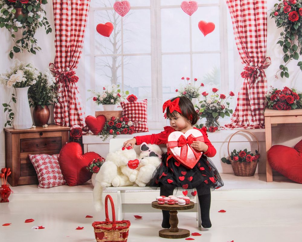 Valentine's Day themed room with red and white gingham curtains, heart decorations, and a small figure in a polka dot dress.