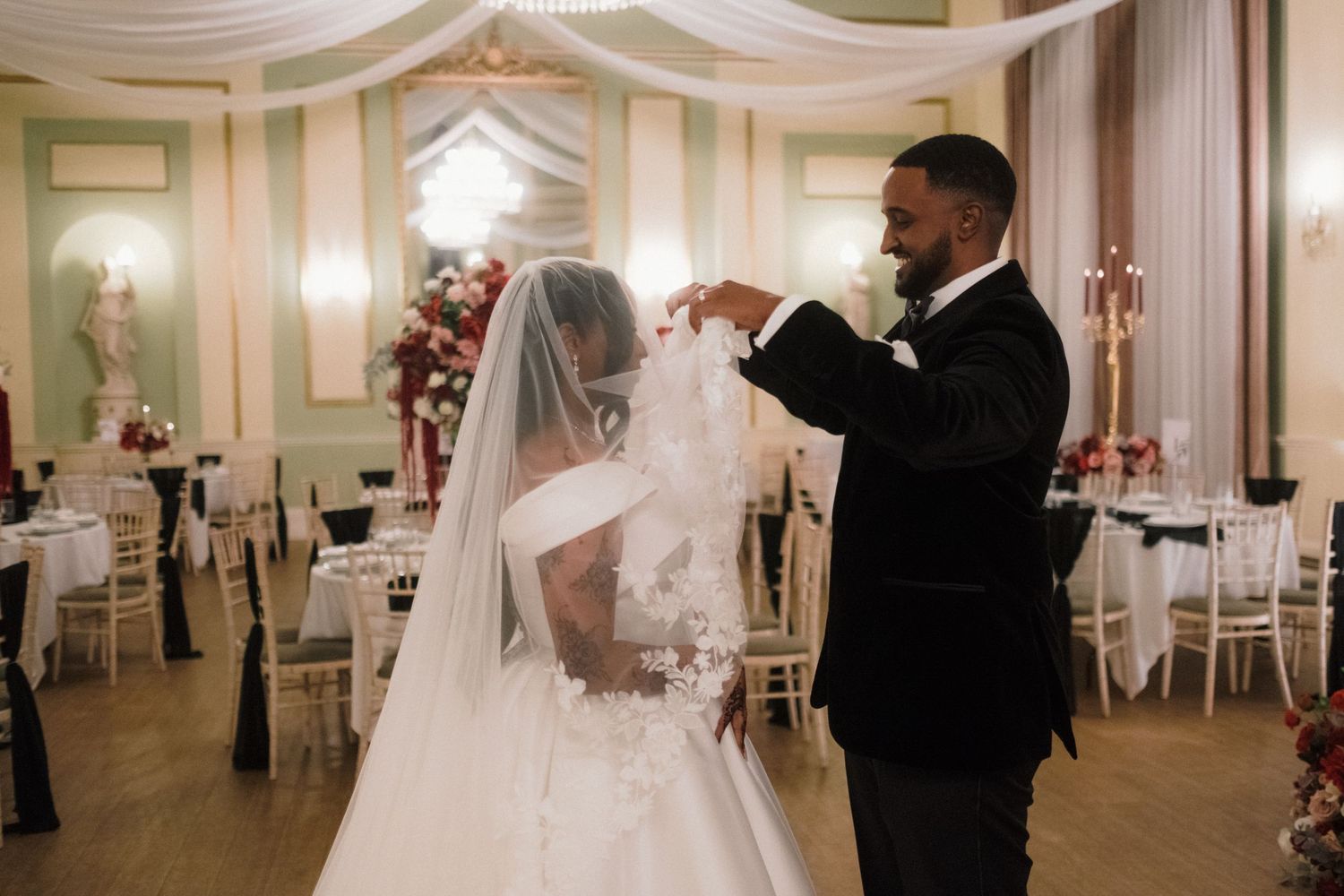 documentary style candid photo of bride and groom first look