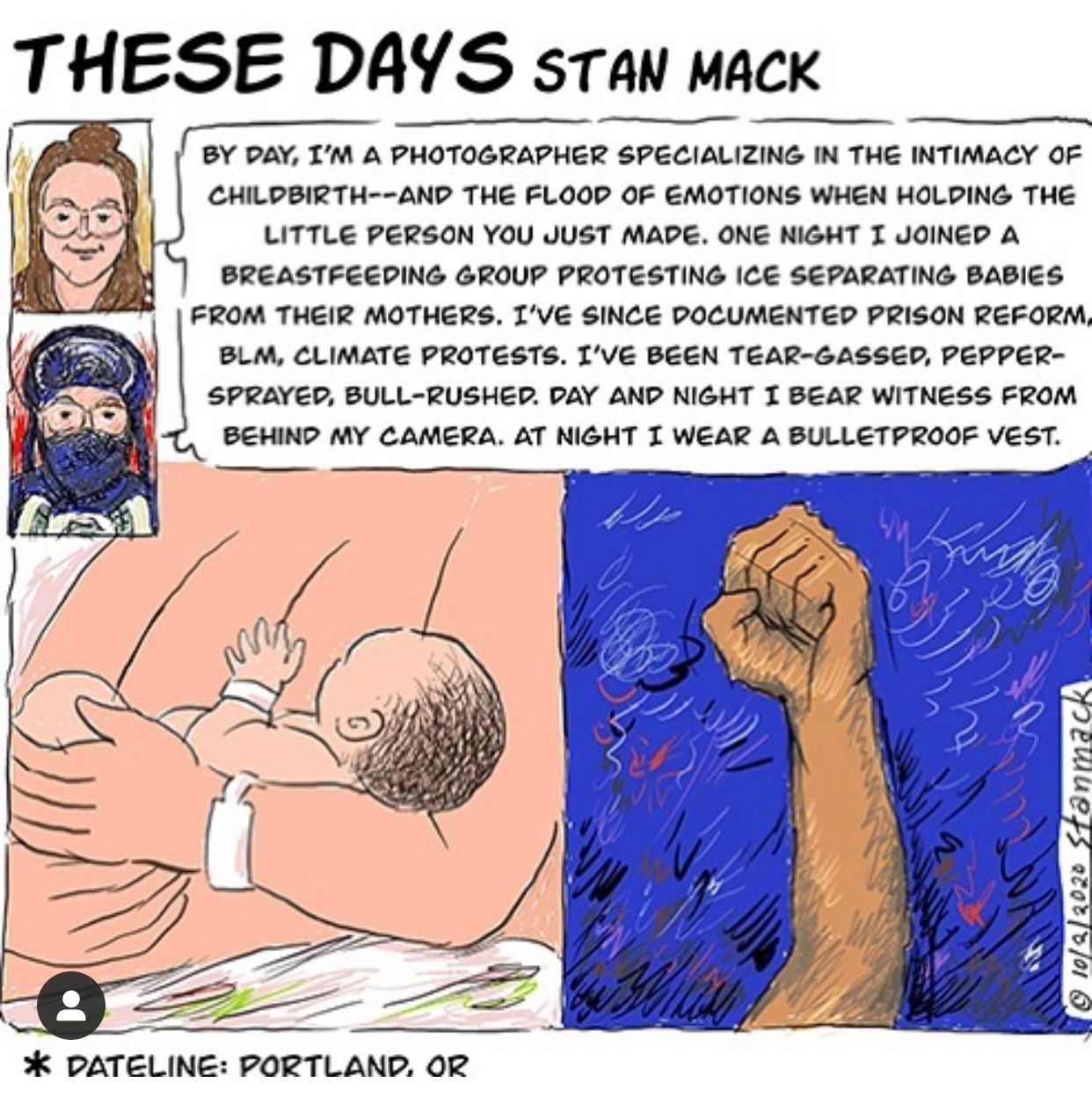 Kimberly Marie Kimble depicted in cartoon by Stan Mack Portland Oregon photjournalist and birth photographer