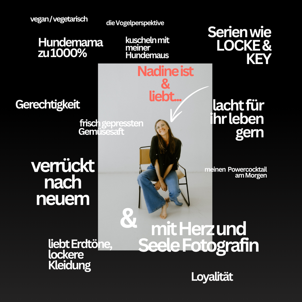 Infographic design in black and red with German text and a lifestyle photo in the center.