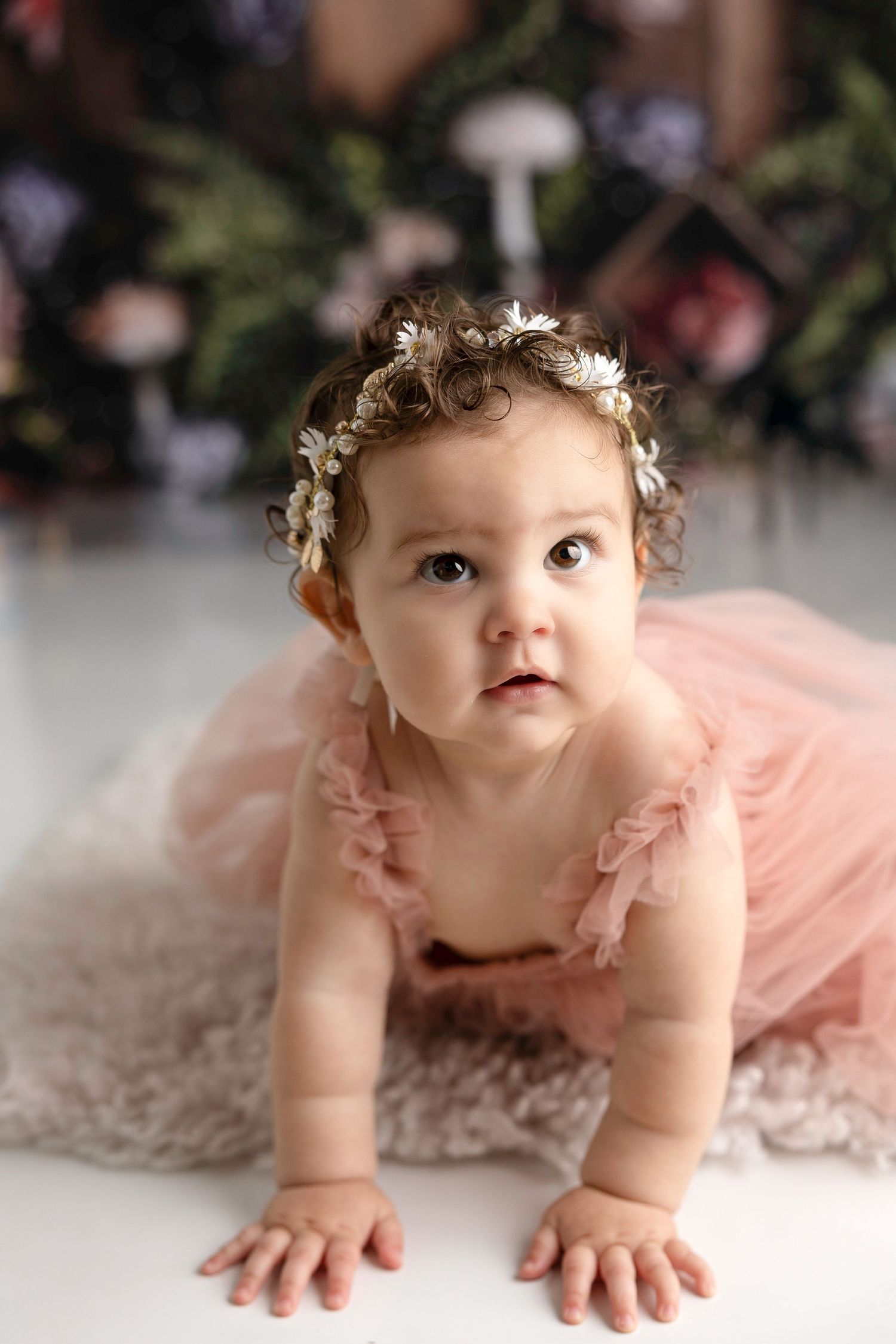 Baby in pink tulle dress crawling on plush carpet during professional photo session.