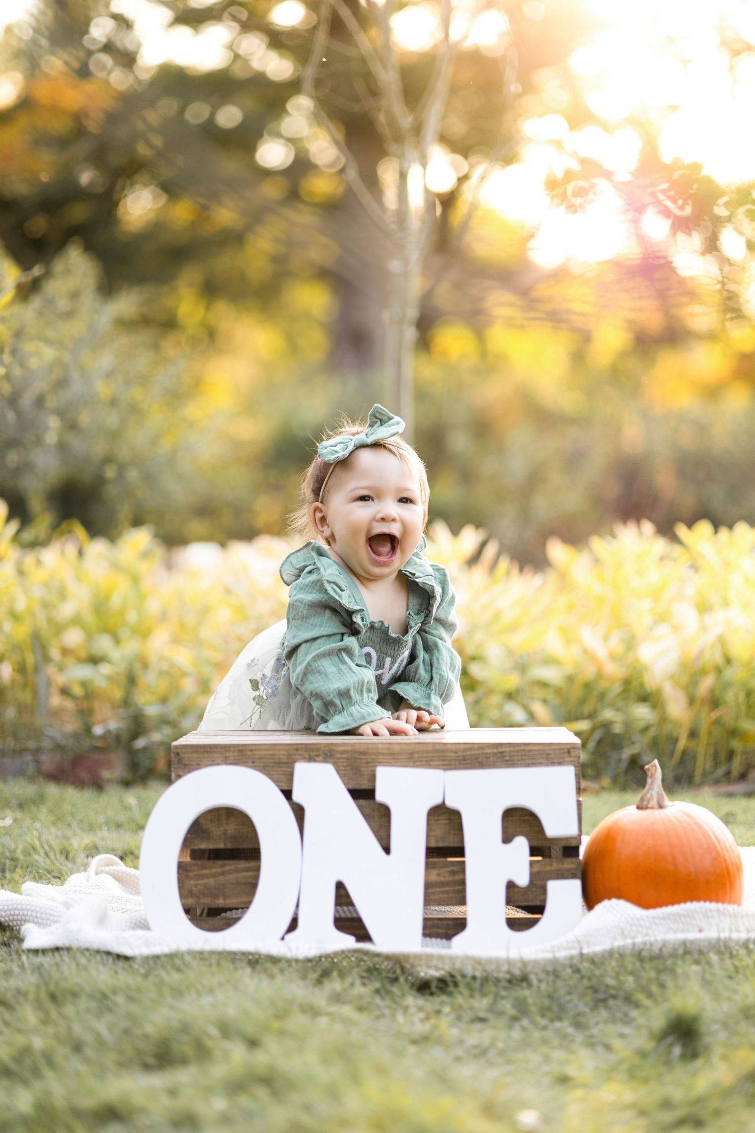 A baby poses with 'ONE' letters and pumpkin on white blanket during outdoor fall photo shoot.