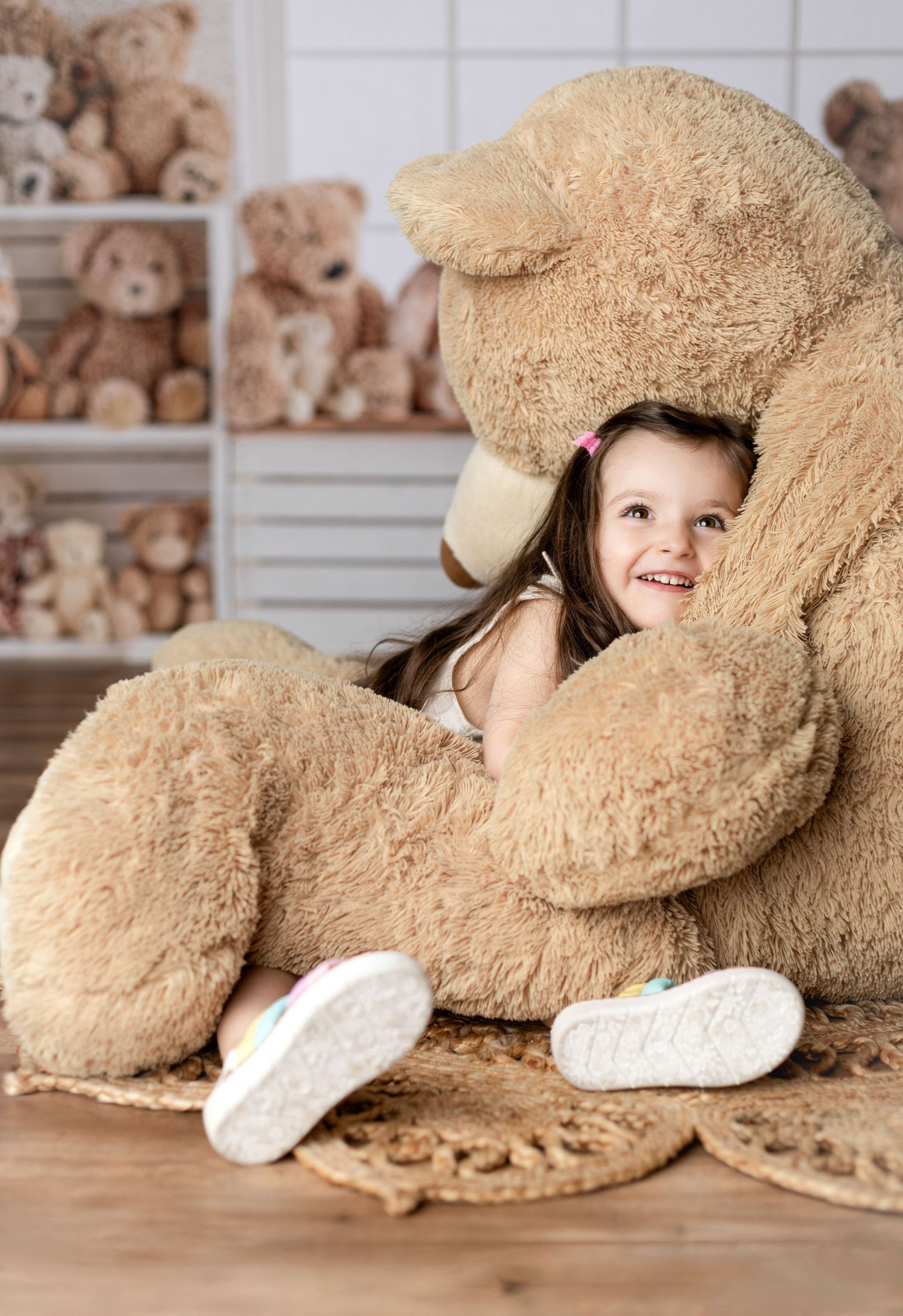 Child playing with oversized teddy bear in room filled with plush toys.